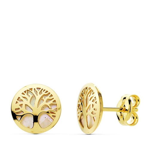 [P18808] 18K PENDIENTES ARBOL DE LA VIDA 8 MM NACAR