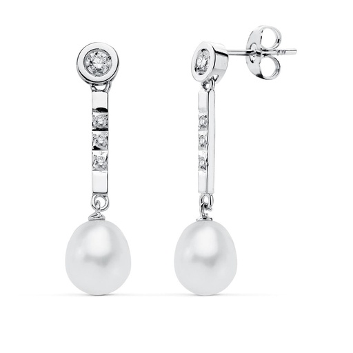 [P18821] 18K PENDIENTES PERLA ORO BLANCO CIRCONITAS PRESION