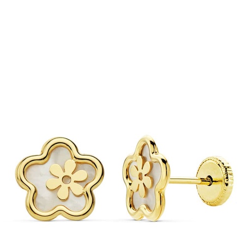 [P18833] 18K PENDIENTES ORO AMARILLO FLOR NACAR 8 MM ROSCA