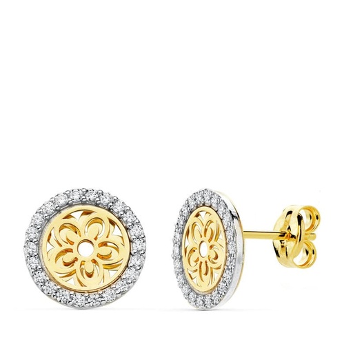 [P18854] 18K PENDIENTES ORO BICOLOR NACAR FLOR 9 MM
