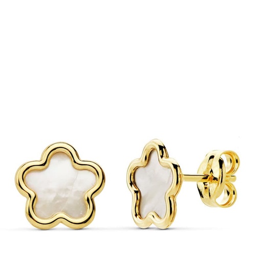 [P18860] 18K PENDIENTES ORO AMARILLO FLOR NACAR 8X8 MM