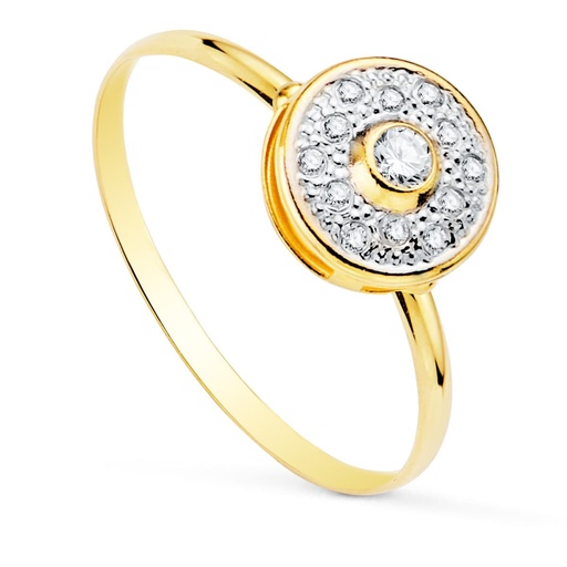 [P18870-2OA] 18K SORTIJA ORO BICOLOR MOTIVO REDONDO CON CIRCONITAS 8 MM ANCHO CUERPO 1.2 MM