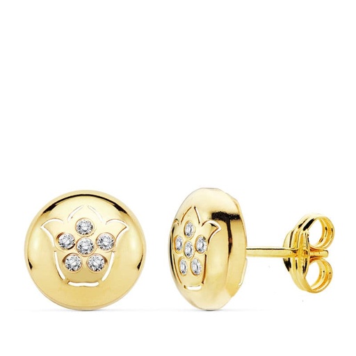 [P18874] 18K PENDIENTES ORO AMARILLO FLOR CALADA CIRCONITAS 8.5 MM
