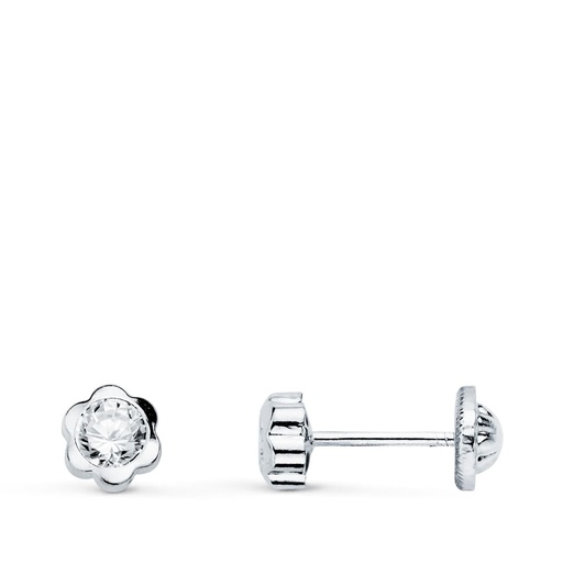 [P18908-OB] 18K PENDIENTES ORO BLANCO FLOR CON CIRCONITA 5X5 MM CIERRE ROSCA