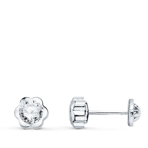 [P18909-OB] 18K PENDIENTES ORO BLANCO FLOR CON CIRCONITA 6X6 MM CIERRE ROSCA
