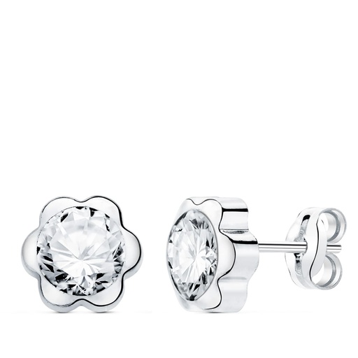 [P18910-OB] 18K PENDIENTES ORO BLANCO FLOR CON CIRCONITA 7X7 MM CIERRE PRESION.