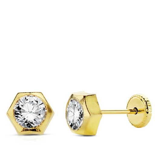 [P18917] 18K PENDIENTES ORO AMARILLO HEXAGONO CIRCONITA 6 MM