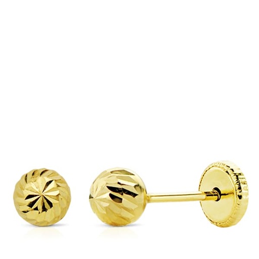 [P18929] 18K PENDIENTES ORO AMARILLO BOLA TALLADA 5 MM ROSCA