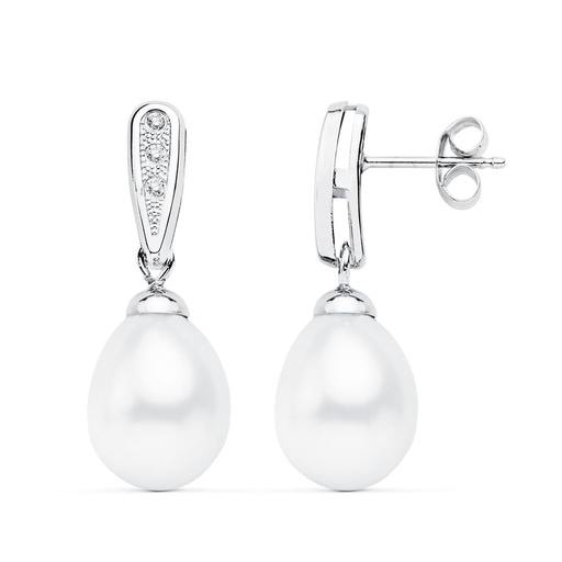 [P18953] 18K PENDIENTES ORO BLANCO DE NOVIA CON PERLA 24X9 MM CIERRE PRESION