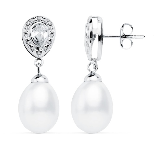 [P18954] 18K PENDIENTES ORO BLANCO PERLA 27X9 MM
