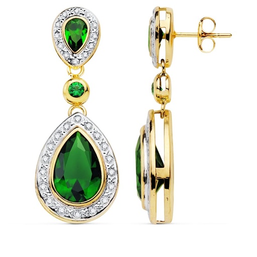 [P18965] 18K PENDIENTES ORO BICOLOR PIEDRAS 34X13 MM