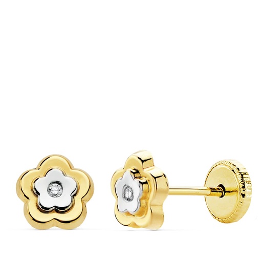 [P18990] 18K PENDIENTES FLOR ORO BICOLOR 6X6 MM