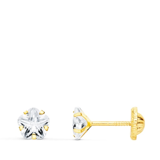 [P18996] 18K PENDIENTES ORO AMARILLO CIRCONITA FLOR 5X5 MM CIERRE ROSCA