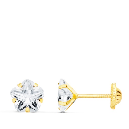 [P18997] 18K PENDIENTES ORO AMARILLO CIRCONITA FLOR 6X6 MM CIERRE ROSCA