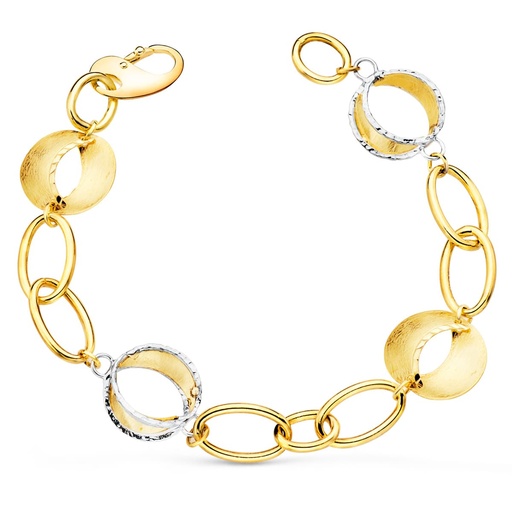 [P19000144] 18K PULSERA ORO BICOLOR ESLABONES OVALES Y MOTIVOS REDONDOS RAYADOS. 20 CM