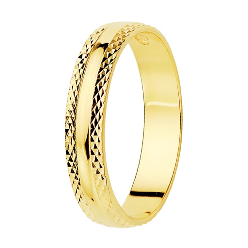 [P19000284] 18K ALIANZA ORO AMARILLO BRILLO Y BORDES TALLADOS. ANCHO 4 MM