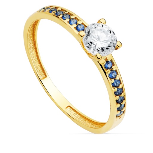 [P19340-AZ] 18K SOLITARIO ORO AMARILLO GARRAS CIRCONITA 5 MM Y CIRCONITAS AZULES