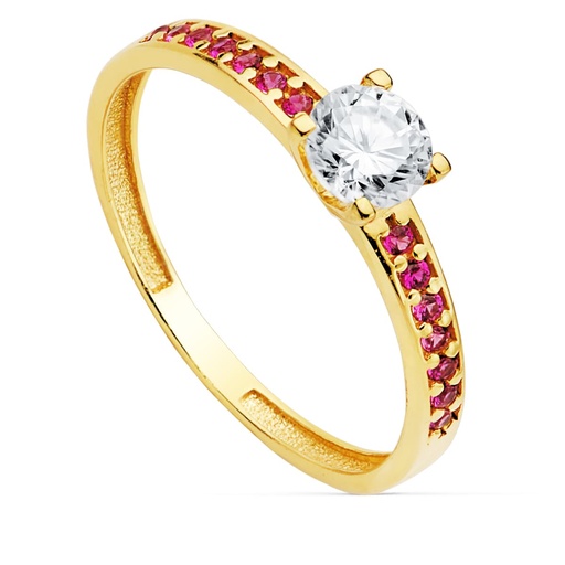 [P19340-RO] 18K SOLITARIO ORO AMARILLO GARRAS CIRCONITA 5 MM Y CIRCONITAS ROJAS