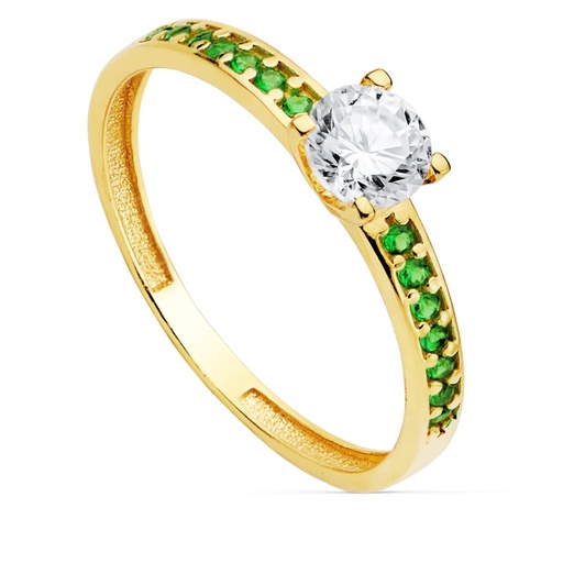 [P19340-VE] 18K SOLITARIO ORO AMARILLO GARRAS CIRCONITA 5 MM Y CIRCONITAS VERDES
