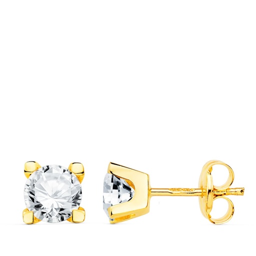 [P19400-1OA] 18K PENDIENTES ORO AMARILLO CIRCONITAS 5 MM 4 GARRAS CIERRE PRESION