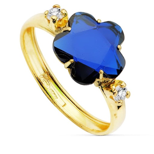 [P19456-AZ] 18K SORTIJA PIEDRA AZUL FLOR 10X10 MM