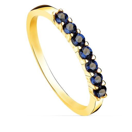 [P19516-AZ] 18K SORTIJA ORO AMARILLO 7 CIRCONITAS AZULES GARRAS ANCHO CUERPO 2 MM