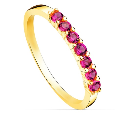 [P19516-RO] 18K SORTIJA ORO AMARILLO 7 CIRCONITAS ROJAS GARRAS ANCHO CUERPO 2 MM