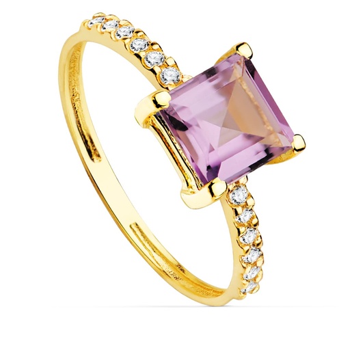 [P19536-AT] 18K SORTIJA ORO AMARILLO CIRCONITAS Y AMATISTA 6X6 MM ANCHO CUERPO 1.5 MM