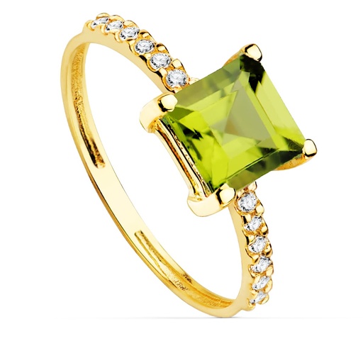 [P19536-PE] 18K SORTIJA ORO AMARILLO CIRCONITAS Y PERIDOTO FINO 6X6 MM ANCHO CUERPO 1.5 MM
