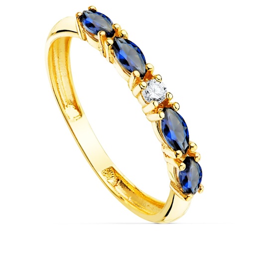 [P19537-AZ] 18K SORTIJA ORO AMARILLO 4 CIRCONITAS AZULES TALLA MARQUISE ANCHO 2 MM