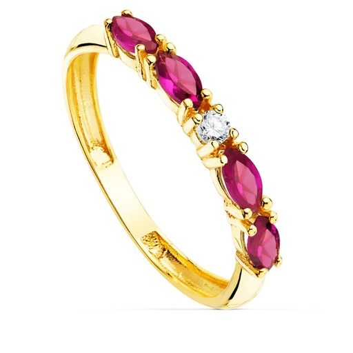[P19537-RO] 18K SORTIJA ORO AMARILLO 4 CIRCONITAS ROJAS TALLA MARQUISE ANCHO 2 MM