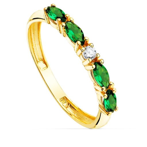 [P19537-VE] 18K SORTIJA ORO AMARILLO 4 CIRCONITAS VERDES TALLA MARQUISE ANCHO 2 MM