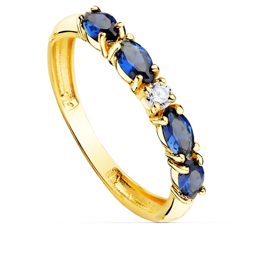 [P19538-AZ] 18K SORTIJA ORO AMARILLO 4 CIRCONITAS AZULES TALLA MARQUISE ANCHO 2.5 MM