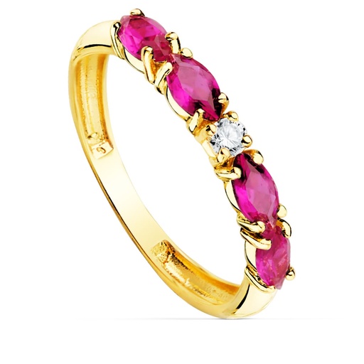 [P19538-RO] 18K SORTIJA ORO AMARILLO 4 CIRCONITAS ROJAS TALLA MARQUISE ANCHO 2.5 MM