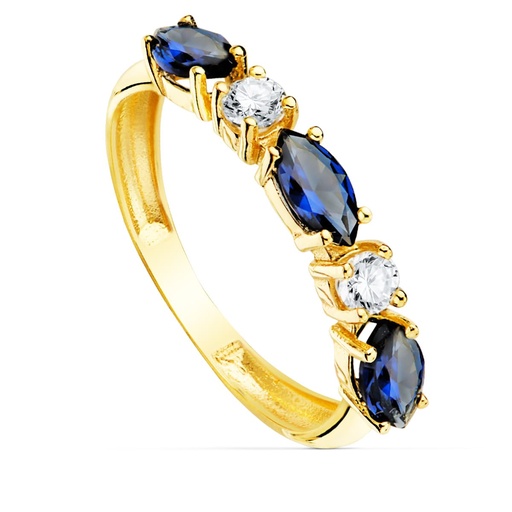 [P19539-AZ] 18K SORTIJA ORO AMARILLO 3 CIRCONITAS AZULES TALLA MARQUISE ANCHO 3 MM