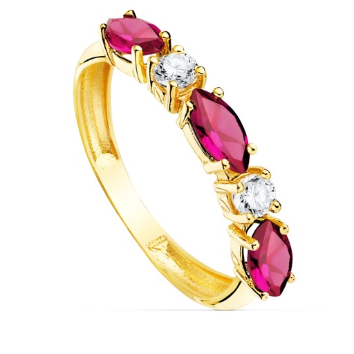 [P19539-RO] 18K SORTIJA ORO AMARILLO 3 CIRCONITAS ROJAS TALLA MARQUISE ANCHO 3 MM