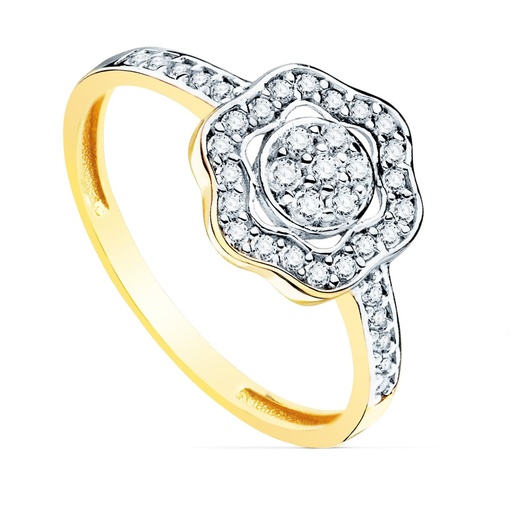 [P19540] 18K SORTIJA ORO BICOLOR FLOR CON CIRCONITAS 11 MM ANCHO CUERPO 2 MM
