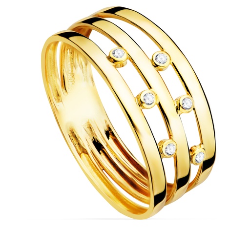 [P19547-CI] 18K SORTIJA ORO AMARILLO BANDAS CON CIRCONITAS. ANCHO CUERPO 8 MM
