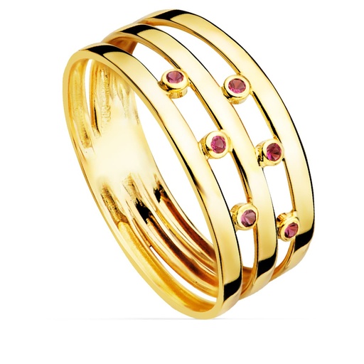 [P19547-RO] 18K SORTIJA ORO AMARILLO BANDAS PIEDRAS ROJAS. ANCHO CUERPO 8 MM