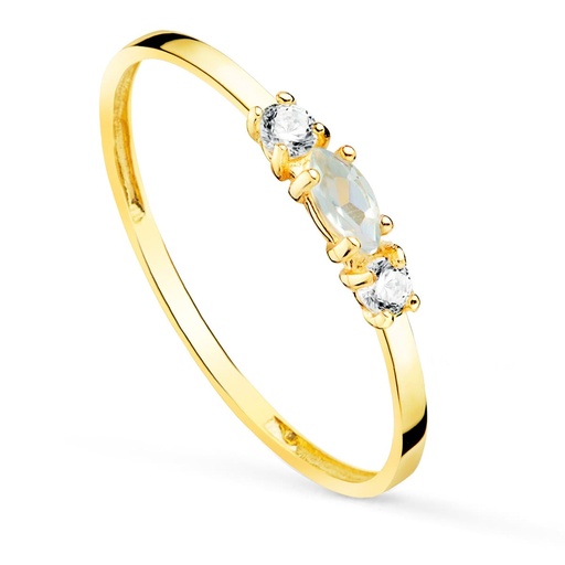 [P19570-AM] 18K SORTIJA ORO AMARILLO PIEDRA AGUAMARINA 4X2 MM Y CIRCONITAS ANCHO 1 MM