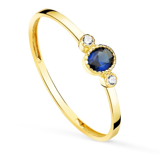 [P19571-AZ] 18K SORTIJA ORO AMARILLO PIEDRA AZUL Y CIRCONITAS 4X3 MM ANCHO CUERPO 1.2 MM