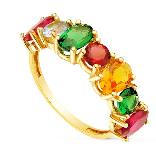 [P19576] 18K SORTIJA ORO AMARILLO CARRIL 6 MM SIETE GARRAS PIEDRAS DE COLORES
