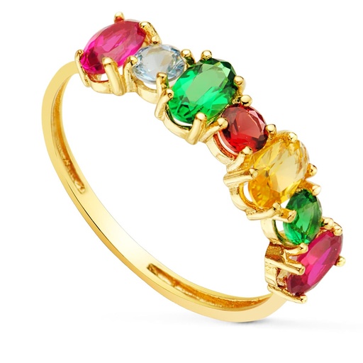 [P19577] 18K SORTIJA ORO AMARILLO 7 CIRCONITAS DE COLORES EN GARRAS TALLA OVAL Y REDONDA