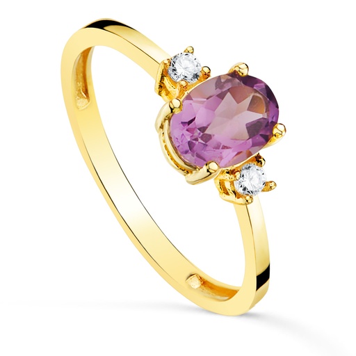 [P19625-OAAT] 18K SORTIJA ORO AMARILLO PIEDRA AMATISTA  7 X 5MM Y CIRCONITAS LATERALES