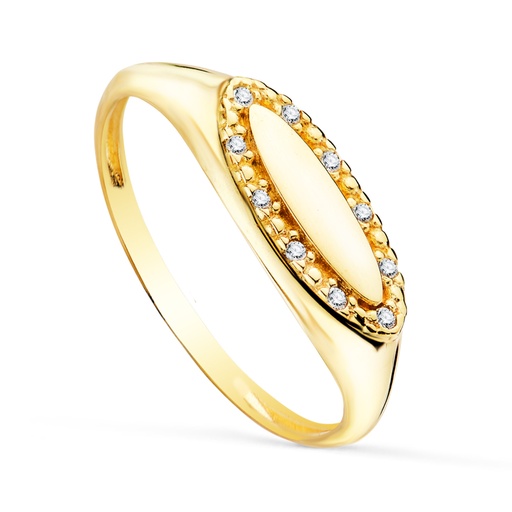[P19638] 18K SORTIJA SELLO ORO AMARILLO BRILLO CABEZA OVAL ALARGADA CON CIRCONITAS 14 X 6 MM.
