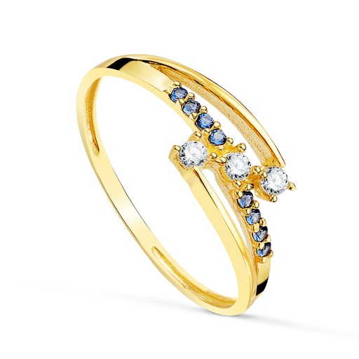 [P19644] 18K SORTIJA ORO AMARILLO CON CIRCONITAS AZULES Y BLANCAS. ANCHO: 6MM