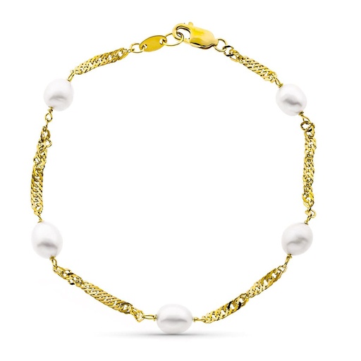 [P20000224] 18K PULSERA ORO AMARILLO 19 CM SINGAPUR PERLA CULTIVADA ALJORFA 6-6.5 MM