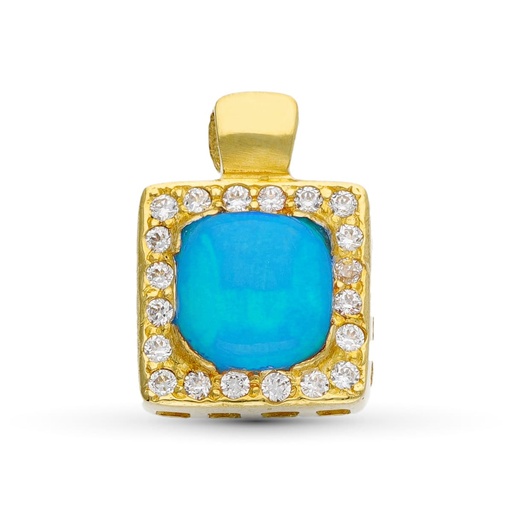 [P20034-5T] 18K COLGANTE ORO AMARILLO TURQUESA CUADRADO CON CIRCONITAS