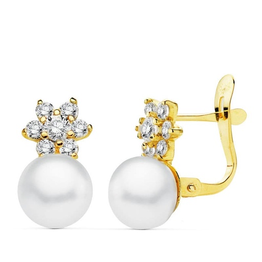 [P20192-1] 18K PENDIENTES PERLA Y CIRCONITAS 12X7 MM