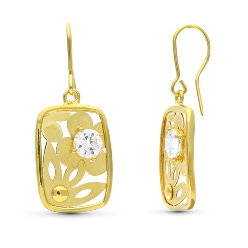 [P20325-1] 18K PENDIENTES ORO AMARILLO FLOR LASER CON CIRCONITA 22X14 MM